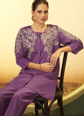 Women's purple embroidered flared roman silk co-ord set 4