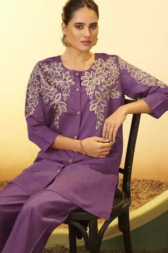 Women's purple embroidered flared roman silk co-ord set