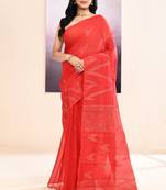 Women's red embellished cotton blend jamdani saree