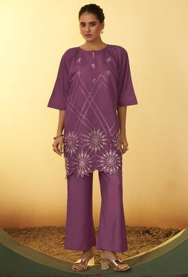 Women's dusty pink embroidered flared roman silk co-ord set 1