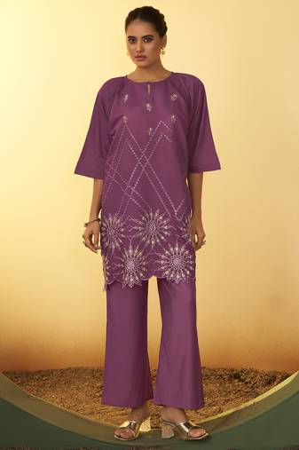 Women's dusty pink embroidered flared roman silk co-ord set