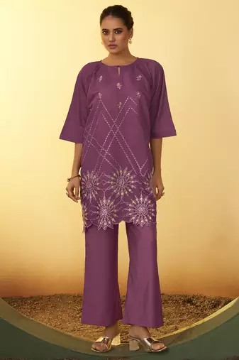 Women's dusty pink embroidered flared roman silk co-ord set