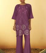 Women's dusty pink embroidered flared roman silk co-ord set