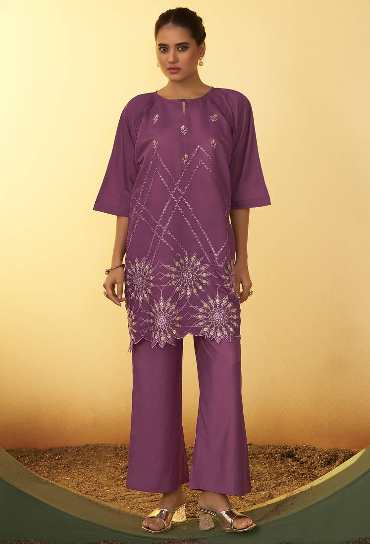 Women's dusty pink embroidered flared roman silk co-ord set