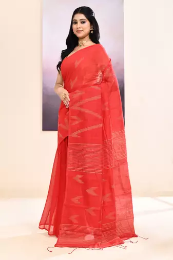 Women's red embellished cotton blend jamdani saree