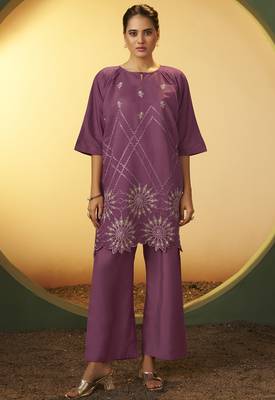 Women's dusty pink embroidered flared roman silk co-ord set 2