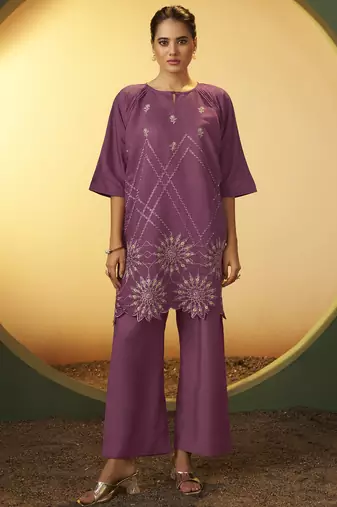 Women's dusty pink embroidered flared roman silk co-ord set