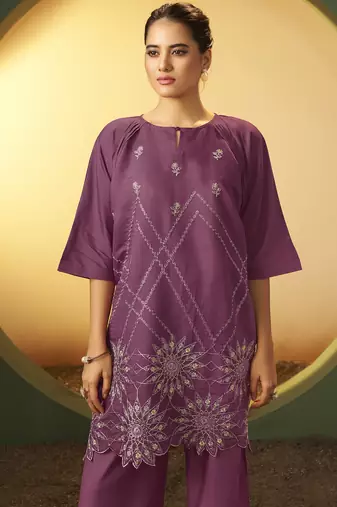Women's dusty pink embroidered flared roman silk co-ord set