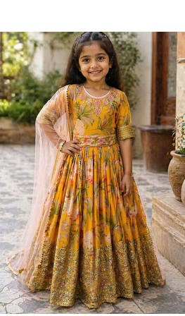  Yellow digital print gown with embroidered sequins 1