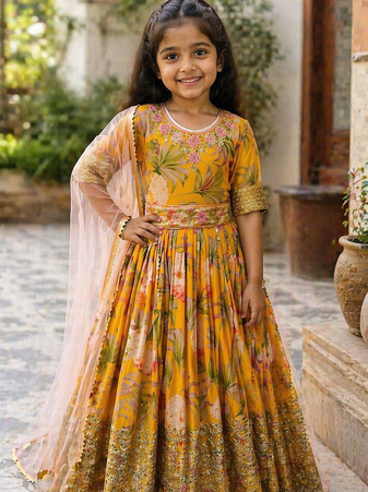  Yellow digital print gown with embroidered sequins