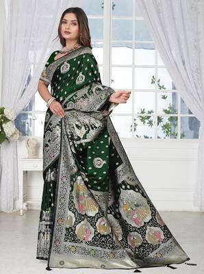  Bottle Green Banarasi Satin silk blend Saree with Silver Zari & Thread Work | Wedding & Festive Wear 1