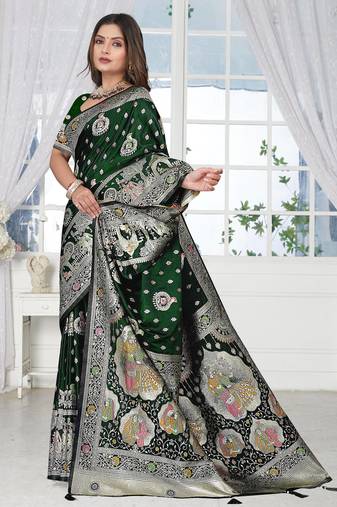  Bottle Green Banarasi Satin silk blend Saree with Silver Zari & Thread Work | Wedding & Festive Wear