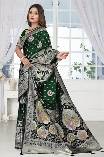  Bottle Green Banarasi Satin silk blend Saree with Silver Zari & Thread Work | Wedding & Festive Wear