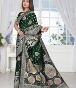  Bottle Green Banarasi Satin silk blend Saree with Silver Zari & Thread Work | Wedding & Festive Wear