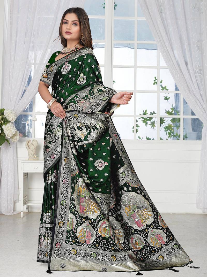  Bottle Green Banarasi Satin silk blend Saree with Silver Zari & Thread Work | Wedding & Festive Wear
