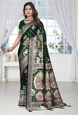  Bottle Green Banarasi Satin silk blend Saree with Silver Zari & Thread Work | Wedding & Festive Wear 2