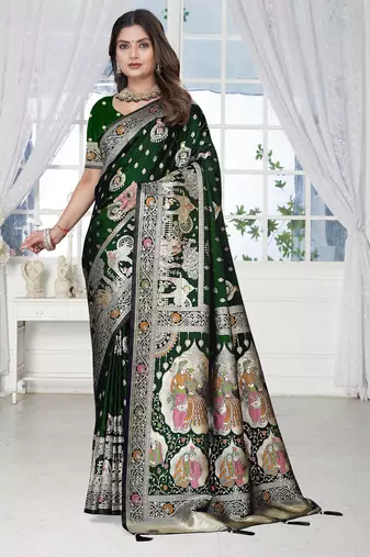  Bottle Green Banarasi Satin silk blend Saree with Silver Zari & Thread Work | Wedding & Festive Wear