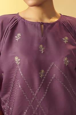 Women's dusty pink embroidered flared roman silk co-ord set 4
