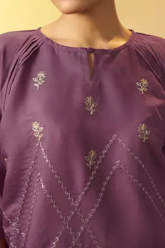 Women's dusty pink embroidered flared roman silk co-ord set