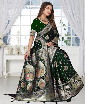  Bottle Green Banarasi Satin silk blend Saree with Silver Zari & Thread Work | Wedding & Festive Wear 3