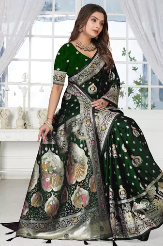 Bottle Green Banarasi Satin silk blend Saree with Silver Zari & Thread Work | Wedding & Festive Wear