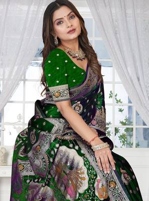  Bottle Green Banarasi Satin silk blend Saree with Silver Zari & Thread Work | Wedding & Festive Wear 4