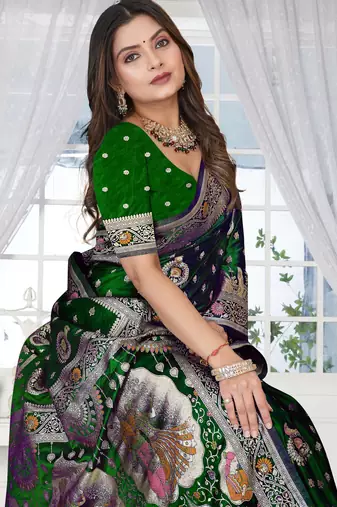  Bottle Green Banarasi Satin silk blend Saree with Silver Zari & Thread Work | Wedding & Festive Wear
