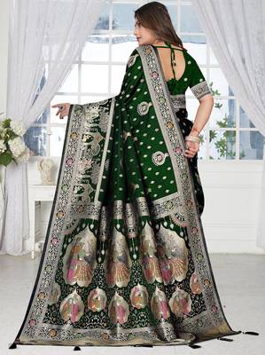  Bottle Green Banarasi Satin silk blend Saree with Silver Zari & Thread Work | Wedding & Festive Wear 5
