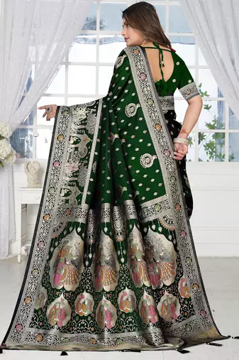  Bottle Green Banarasi Satin silk blend Saree with Silver Zari & Thread Work | Wedding & Festive Wear