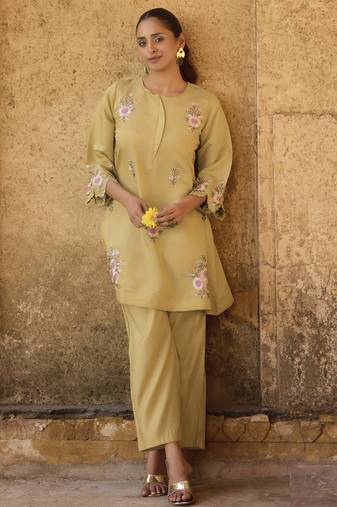 Women's yellow embroidered roman silk co-ord set