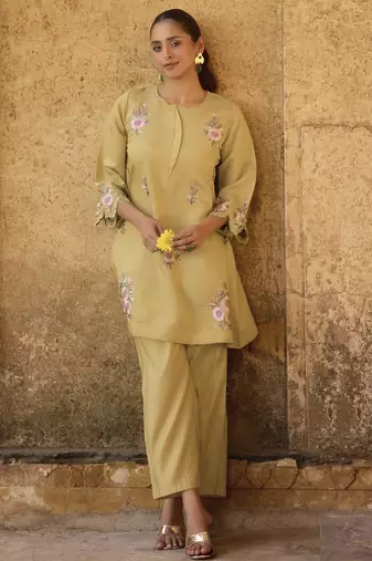 Women's yellow embroidered roman silk co-ord set
