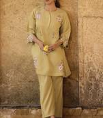 Women's yellow embroidered roman silk co-ord set