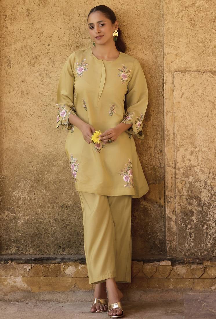 Women's yellow embroidered roman silk co-ord set