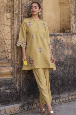 Women's yellow embroidered roman silk co-ord set 2