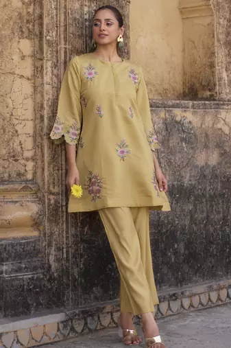 Women's yellow embroidered roman silk co-ord set