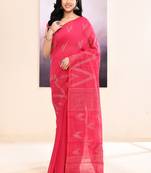 Women's pink embellished cotton blend jamdani saree