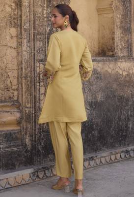 Women's yellow embroidered roman silk co-ord set 3