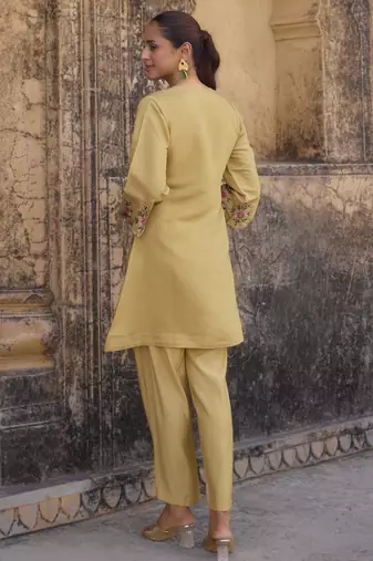Women's yellow embroidered roman silk co-ord set
