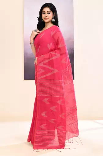 Women's pink embellished cotton blend jamdani saree