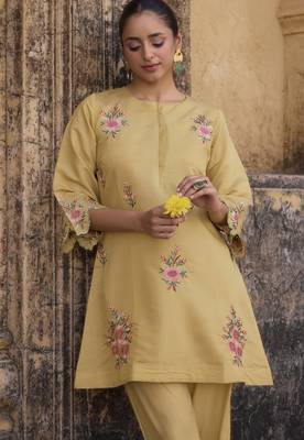 Women's yellow embroidered roman silk co-ord set 4