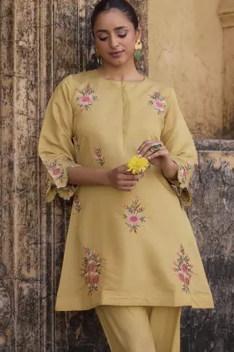 Women's yellow embroidered roman silk co-ord set