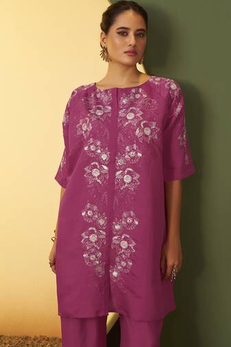 Women's light pink embroidered flared roman silk co-ord set