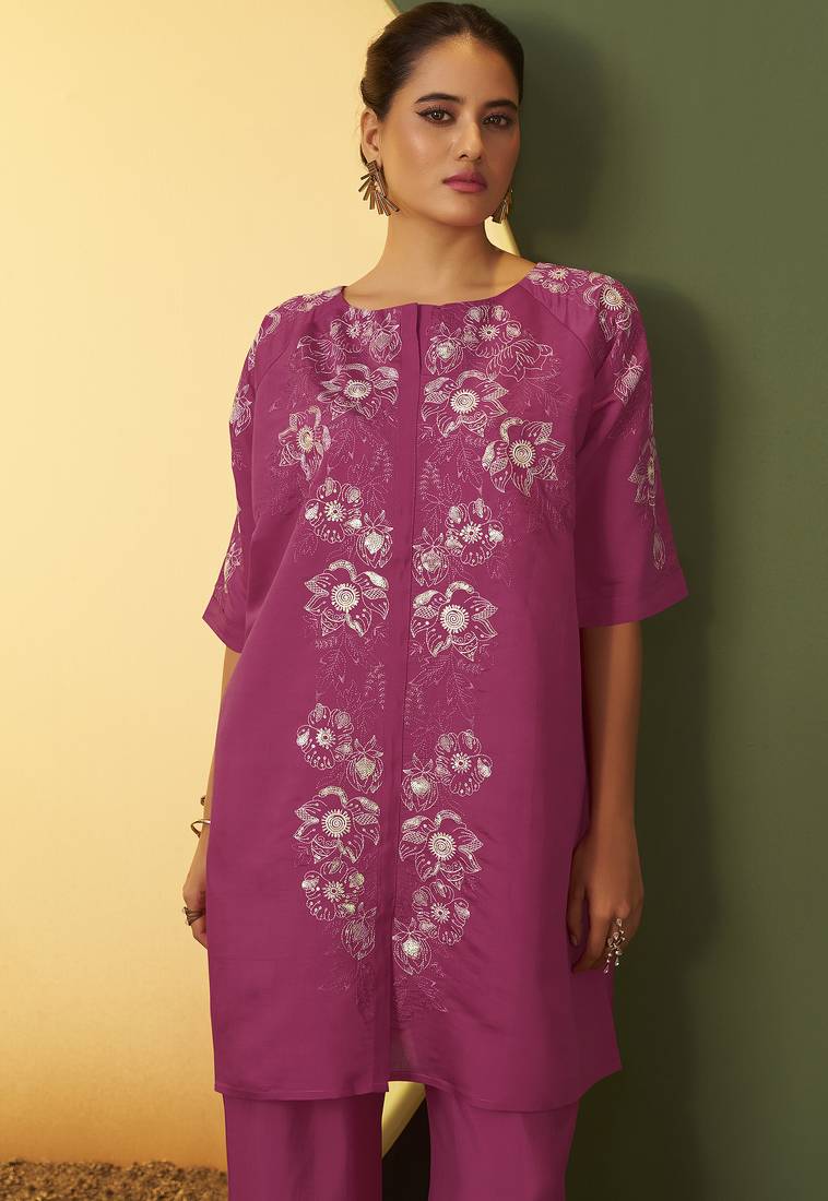 Women's light pink embroidered flared roman silk co-ord set