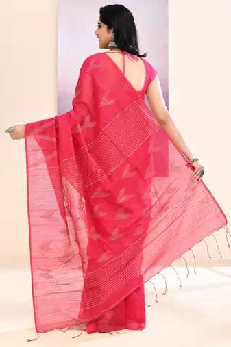Women's pink embellished cotton blend jamdani saree