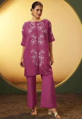 Women's light pink embroidered flared roman silk co-ord set 2