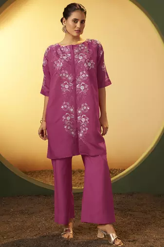 Women's light pink embroidered flared roman silk co-ord set