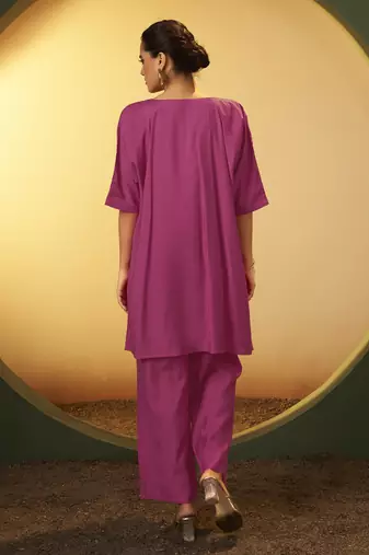 Women's light pink embroidered flared roman silk co-ord set