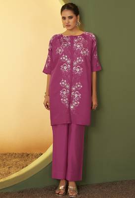 Women's light pink embroidered flared roman silk co-ord set 4