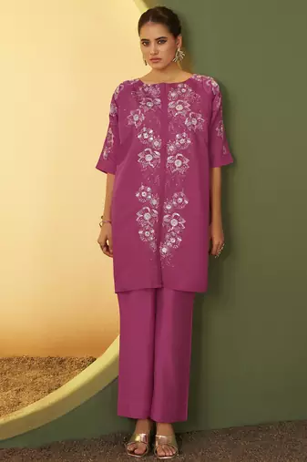 Women's light pink embroidered flared roman silk co-ord set