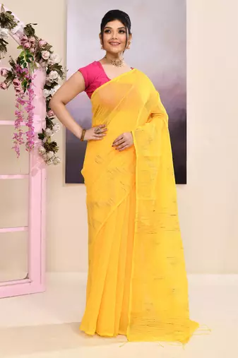 Women's yellow embellished cotton blend jamdani saree